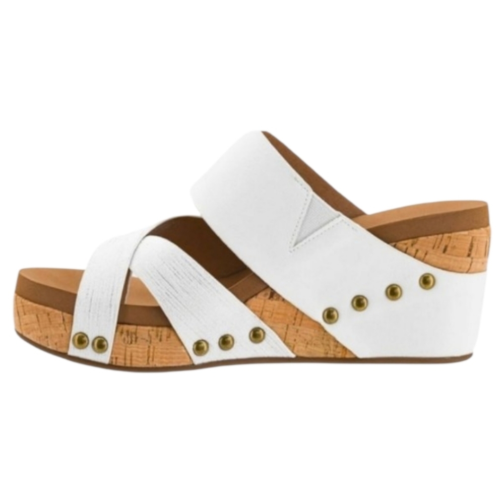 NWOT Corkys White Metallic Wedge Sandals Size 6 Studded Platform - Picture 2 of 7